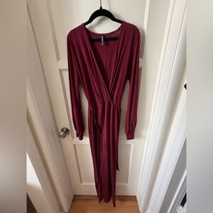 Long Sleeve Wrap Jumpsuit in Burgundy